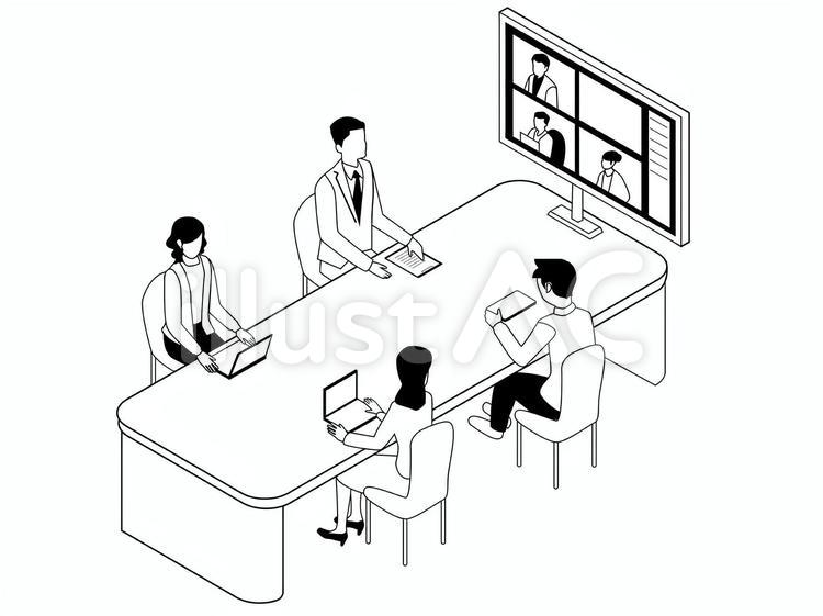 オンライン会議＿テレワーク(線） テレワーク,アイソメトリック,線画のイラスト素材