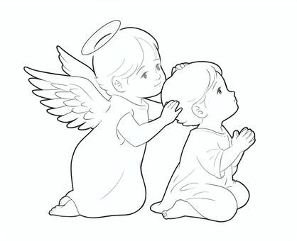 祈る子どもと見守る天使　線画 天使,子ども,座る,祈る,見守る,羽,見上げるのイラスト素材
