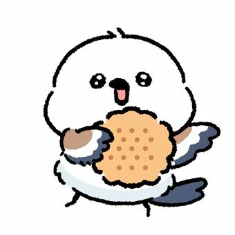 シマエナガ_クッキーを運ぶ_02 シマエナガ,鳥,動物,手描き,ラフ,クッキー,おやつ,持つ,お菓子,ポップのイラスト素材