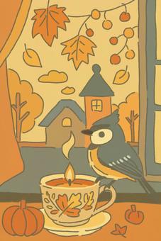 鳥のいる秋の窓辺 鳥のいる秋の窓辺 秋,鳥,野鳥,ペット,動物,かわいい,シジュウカラ,ジョウビタキ,かぼちゃ,食べ物のイラスト素材