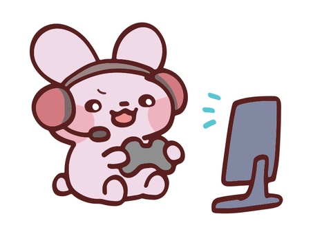 ゲーマーなうさちゃん うさぎ,動物,ゲーム,ゲーミングヘッドホン,パソコン,モニター,ヘッドセット,実況,手描き,カットのイラスト素材