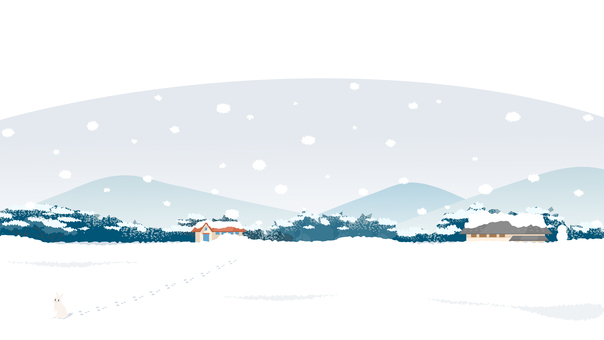 冬の日本の雪原風景のイラスト素材 冬,雪,雪景色,田園,田舎,風景,山,家,ウサギ,足跡のイラスト素材