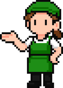 ドット絵の緑のウェイトレスです。 ドット絵,ウェイトレス,レストラン,シンプル,サービス,ホール,フロア,接客,配膳,飲食業のイラスト素材