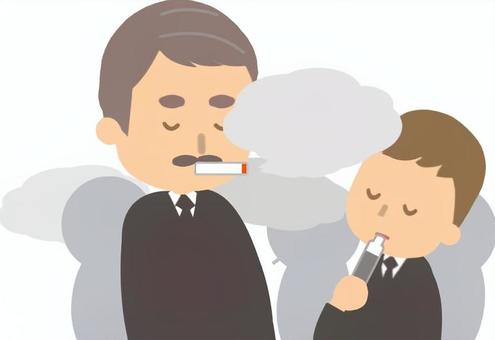 タバコ休憩をしている偉い人と部下たち タバコ,休憩,喫煙,喫煙所,サボる,複数,男性,上司,部下,社長のイラスト素材