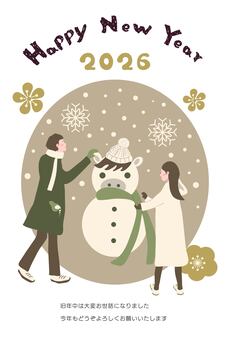 2026年午年の年賀状（挨拶文あり） 年賀状,馬,2026年,午年,雪だるま,happy,new,year,寒中見舞い,お正月のイラスト素材