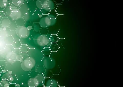緑色の光と化学構造式のイメージ素材 化学,構造式,幾何学,ライン,光,玉ボケ,パーティクル,サイエンス,スタイリッシュ,緑色のイラスト素材