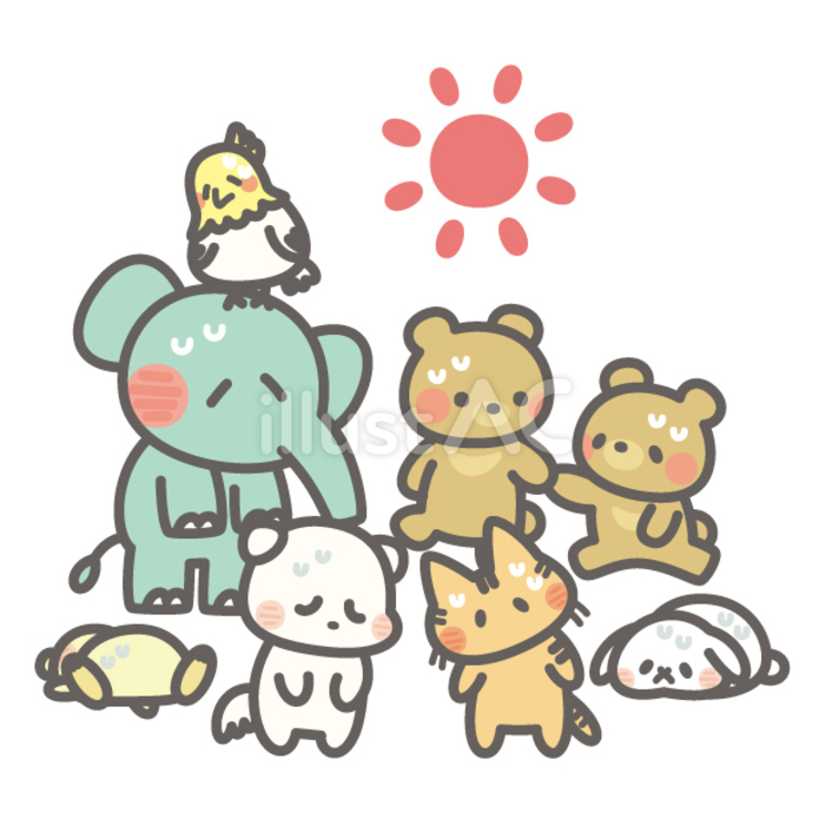 太陽の下で暑さでぐったりしている動物たち 夏休み,動物,クマのイラスト素材