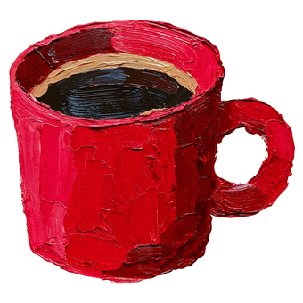 厚塗りの赤色コーヒーマグカップ コーヒー,マグカップ,カフェ,ドリンク,飲み物,厚塗り,油絵風,手描き,シンプル,雑貨のイラスト素材