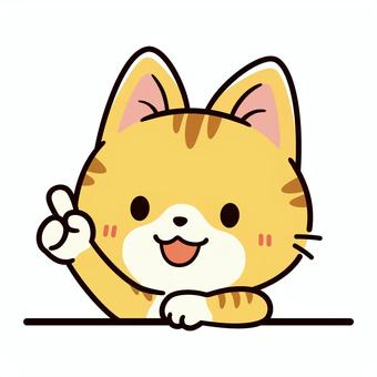 ひょこっと出て左上を指差す可愛い茶トラ猫 猫,指差し,方向,ポイント,あっち,チェック,重要,手描き,動物,説明のイラスト素材