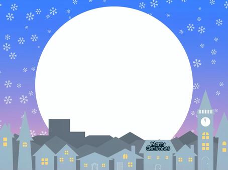 クリスマスの夜の街並み（ピンク・雪） クリスマス,街並み,建物,時計台,夜空,背景,月,雪のイラスト素材