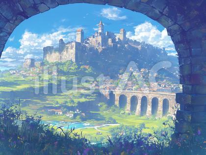 ファンタジー風の古城と橋と集落_背景画
