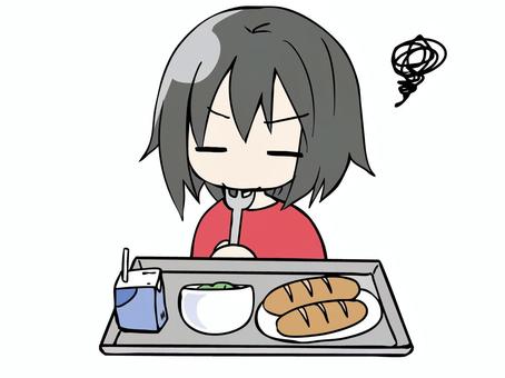 こども 好き嫌い 子供,女の子,好き嫌い,給食,モヤモヤ,パン,牛乳,フォーク,トレイ,皿のイラスト素材