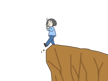 目の前の崖に気づかない人 崖,目の前,ピンチ,危ない,危険,スマホ,歩きスマホ,不注意,女の子,女性のイラスト素材