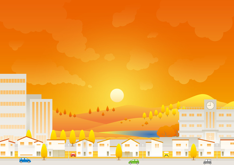 街並み12 街,街並み,家,住宅,秋,紅葉,夕陽,車,街灯,ビルのイラスト素材