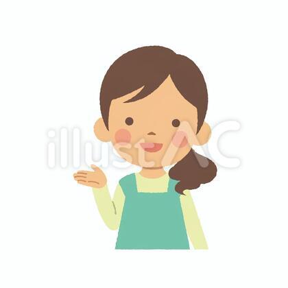 エプロンの女性 半身 紹介するポーズ