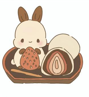 うさぎと苺大福 うさぎ,動物,キャラクター,ミニキャラ,苺大福,苺,フルーツ,菓子切り,おぼん,和風のイラスト素材