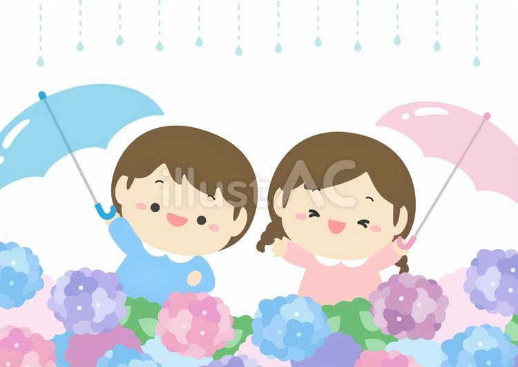 梅雨のあじさいと傘をさす子供たち02 あじさい,アジサイ,紫陽花のイラスト素材
