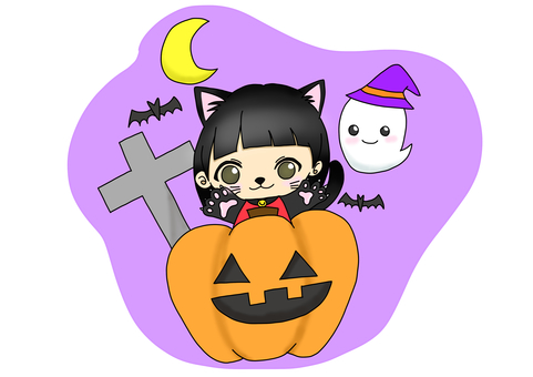擬人化黒猫ちゃんとハロウィン ハロウィン,擬人化,黒猫,女の子,カボチャ,おばけ,ジャックオーランタンのイラスト素材
