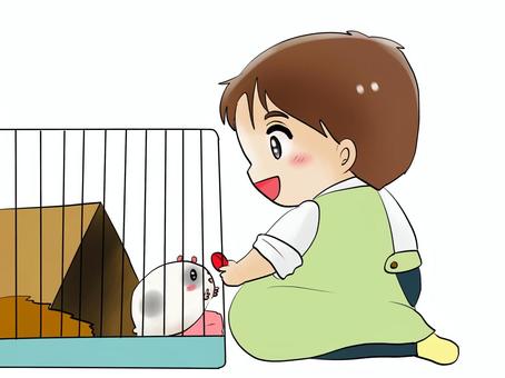 ペットのモルモットをかわいがる 男性,女性,モルモット,ペット,エプロン,笑顔,かわいがるのイラスト素材