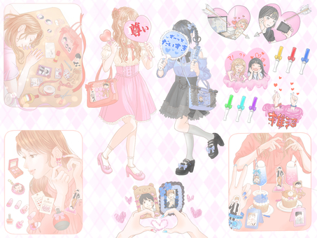 推し活イラスト 推し活,オタ活,ペンライト,うちわ,女の子,痛バッグ,推し活コーデ,ファッション,缶バッチ,ファンのイラスト素材