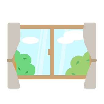 閉まっている窓　開いたカーテン 窓,閉める,ナチュラル,カーテン,明るい,外,風景,景色,空,木のイラスト素材