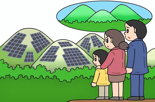 メガソーラー設置による環境破壊 メガソーラー,環境破壊,景観悪化,環境問題,山肌,社会問題,家族,男性,女性,子供のイラスト素材