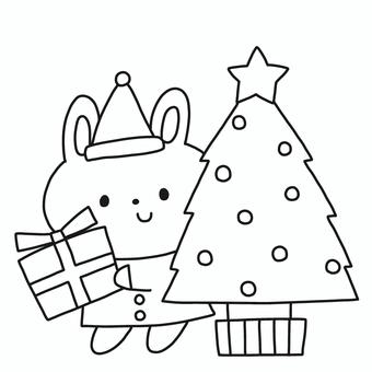 クリスマスツリーとうさぎ クリスマス,ツリー,うさぎ,動物,プレゼント,サンタ,帽子,冬,モノトーン,塗り絵のイラスト素材