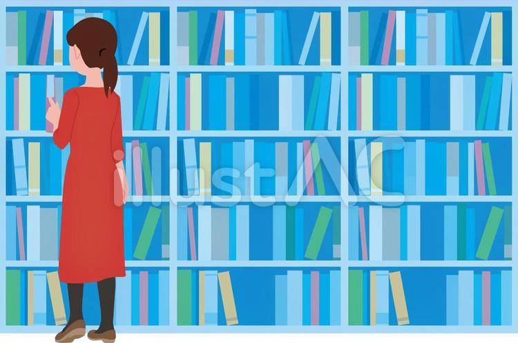 本棚と女性の後ろ姿 本棚,書棚,人物のイラスト素材