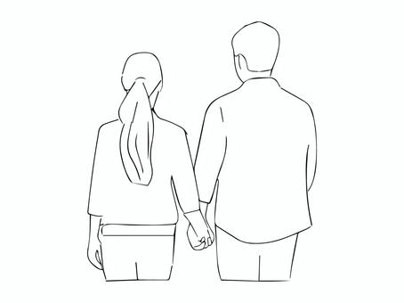 モノクロの寄り添うカップルの後ろ姿 カップル,男女,後ろ姿,手繋ぎ,寄り添う,2人,歩く,人物,デート,手書きのイラスト素材