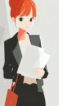 書類を持つ赤髪のビジネスウーマン