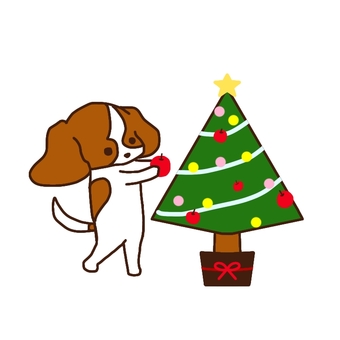 クリスマスツリーを飾るキャバリア 犬,キャバリア,クリスマスツリーのイラスト素材