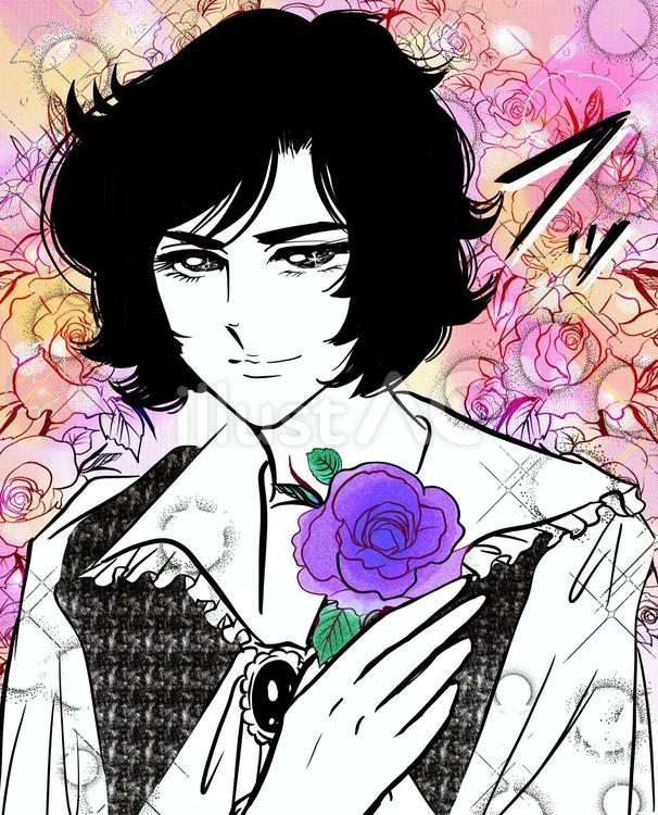 70年代少女漫画風黒髪イケメンと紫の薔薇 イケメン,少女漫画,漫画のイラスト素材