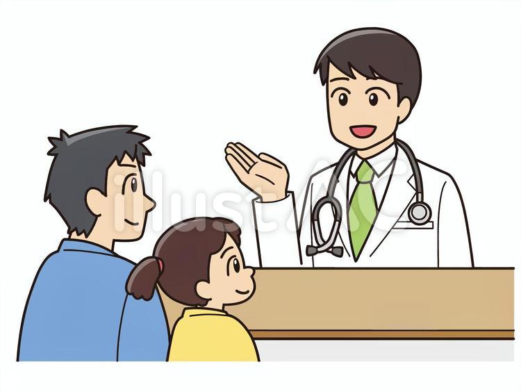 医師から説明を聞く親子① 医師,説明,親子のイラスト素材