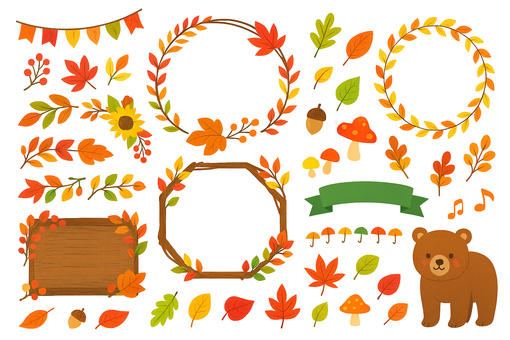 紅葉とクマのフレーム＆パーツ集　透過済