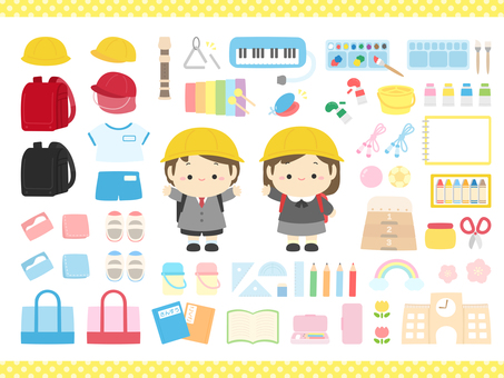 入学式の1年生と入学グッズのイラスト 入学,入学式,小学生,1年生,子ども,男の子,女の子,ランドセル,体操服,バッグのイラスト素材