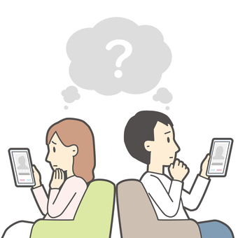  婚活04-アプリ悩む男女_正方形 婚活,男女,お見合い,マッチングアプリ,悩む,不安,プロフィール,スマホ,恋愛,独身のイラスト素材