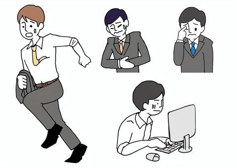 トラブルに奮闘するビジネスマンセット 遅刻,体調不良,多忙,セット,チェック,ミス,書類,疲労,腹痛,焦りのイラスト素材