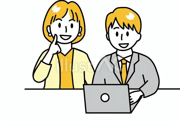 一緒に　パソコン　勉強 女性,指差し,教えるのイラスト素材
