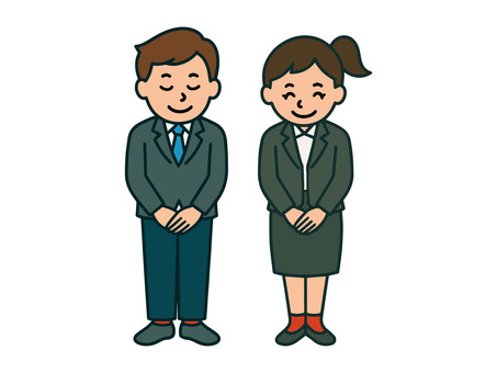 男サラリーマンと女OLのお辞儀ポーズ サラリーマン,ol,オフィスレディー,カジュアル,仕事,ペア,同僚,笑顔,リラックス,共演のイラスト素材