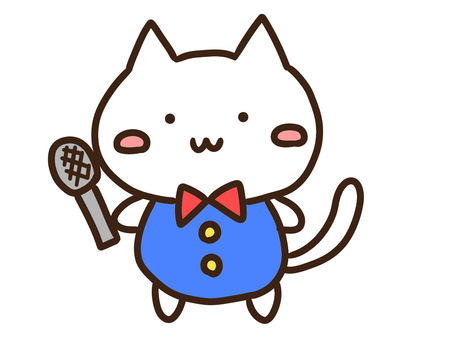 マイクを持って司会進行するかわいい白ねこ 司会,進行係,マイク,スピーチ,インタビュアー,アナウンサー,レポーター,レポート,インタビュー,カラオケのイラスト素材