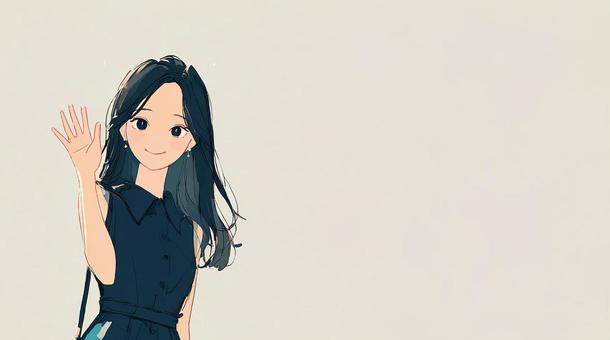 手を振る黒髪の女性