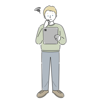 タブレットを見て悩む白人の男性 男性,人物,若い,大人,外国人,白人,タブレット,端末,デバイス,悩むのイラスト素材