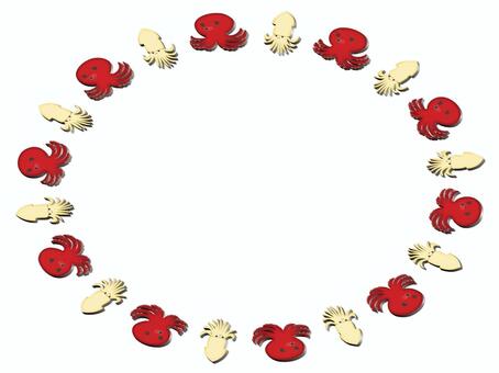 タコとイカのフレ−ム　楕円形 タコ,たこ,イカ,いか,楕円形,フレ−ム,ポストカード,メッセージカード,背景なし,蛸のイラスト素材