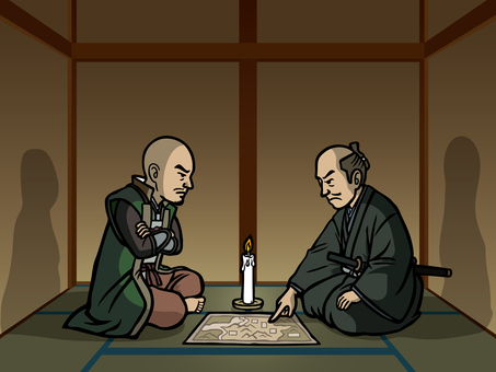 密談する戦国武将 斎藤道三,家臣,密談,密室,悪巧み,汚職,武士,悪事,時代劇,大名のイラスト素材