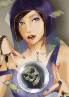 占い師 占い,水晶,タロットカード,骸骨,女性のイラスト素材