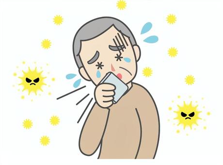 アレルギー物質と辛そうな症状のおじいさん 高齢男性,おじいさん,上半身,くしゃみ,涙目,ハンカチ,タオル,押さえる,花粉症,アレルギーのイラスト素材