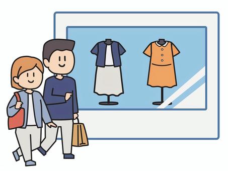 ショッピングをするカップルのイラスト ショッピングモール,カップル,買い物,モール,デート,散歩,ショッピング,観光,ウィンドウショッピング,日常のイラスト素材