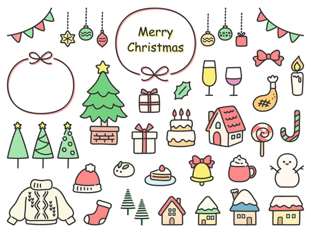 クリスマスイラストセット、黒画線・カラー クリスマス,クリスマスツリー,オーナメント,クリスマスオーナメント,クリスマスプレゼント,プレゼント,クリスマスケーキ,手描き,冬,12月のイラスト素材