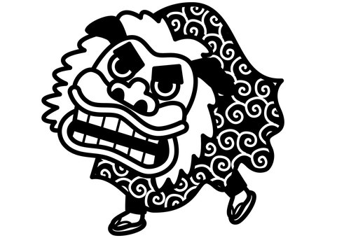 獅子舞-1c 獅子舞,正月,縁起物,お面,風呂敷,草履,足袋,かわいい,シンプル,モノクロのイラスト素材