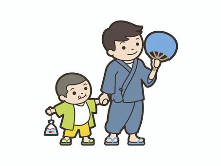 親子で夏祭り 夏祭り,親子,父親,息子,サンダル,うちわ,金魚,作務衣,大人,子どものイラスト素材